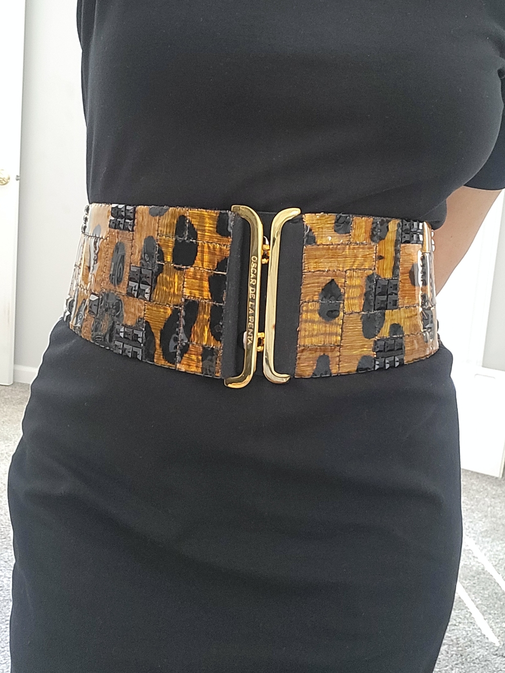 Oscar de la Renta Patchwork Leopard-Print Belt with Black Rhinestones
